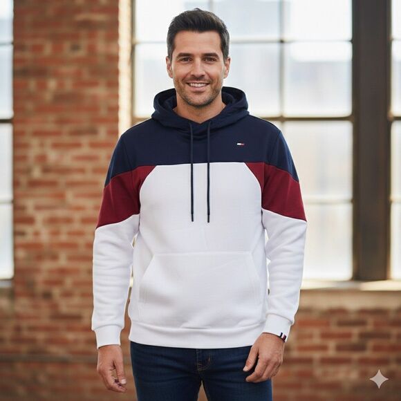 Tommy Hilfiger Hoodie Men's XL Color Block Navy Red White Pullover Sweatshirt - Picture 2 of 16